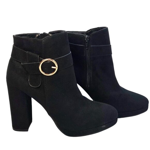LC Lauren Conrad Avant Black Faux Suede Buckle Block Heel Ankle Booties Size 5 - Picture 1 of 7